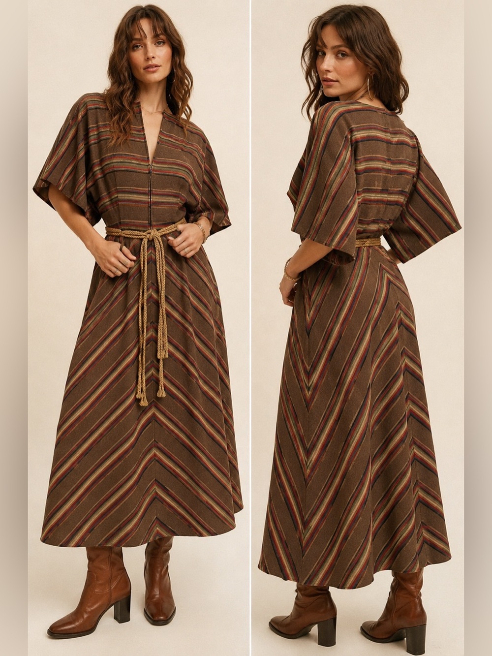 P.J. Walsh New York Vintage 1970’s Boho Kimono Sleeve Maxi Dress Rope Belt